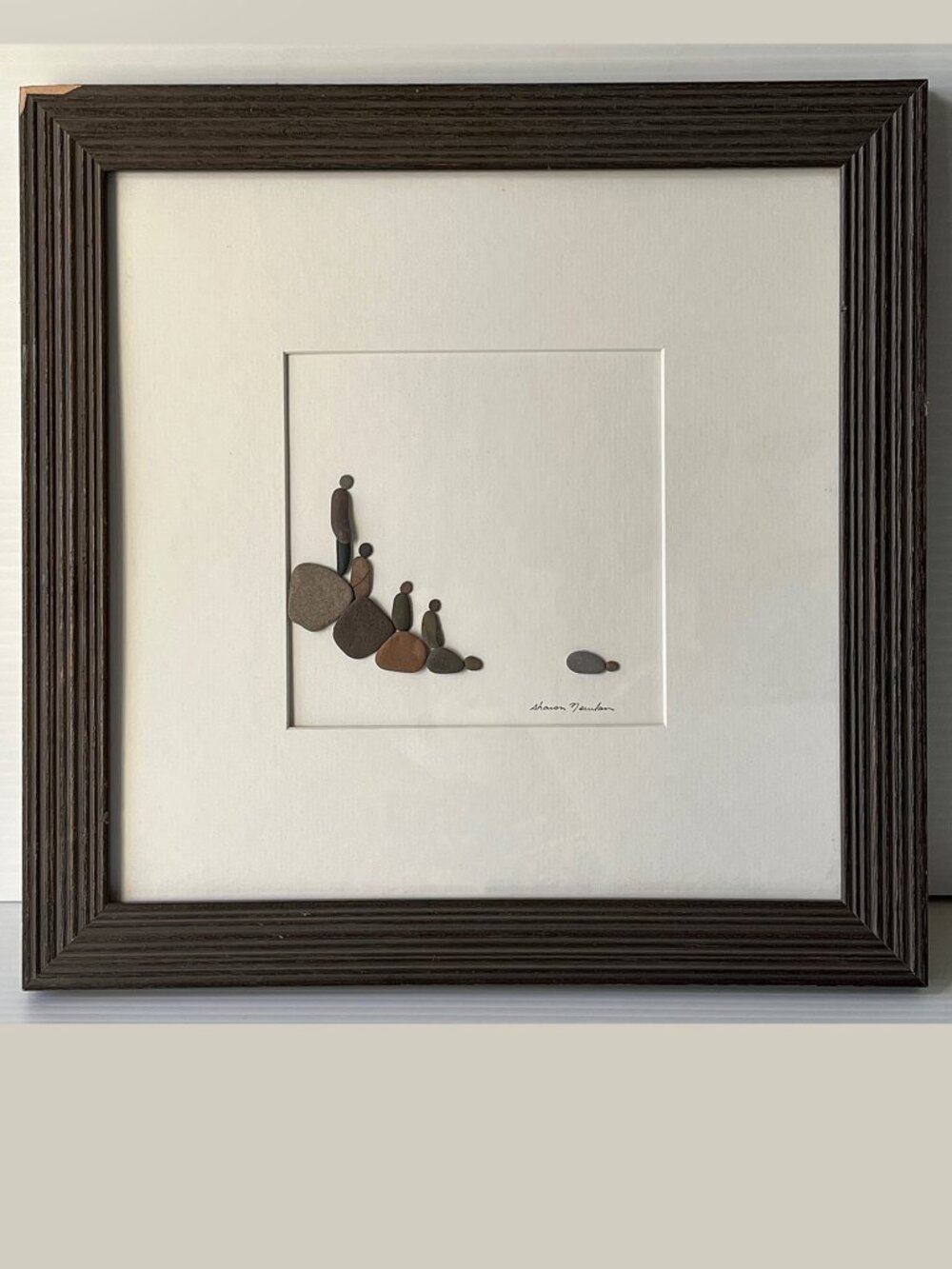 Original Sharon Nowlan Pebble Art “Family” Hand Signed 14x14 Framed Stone Art